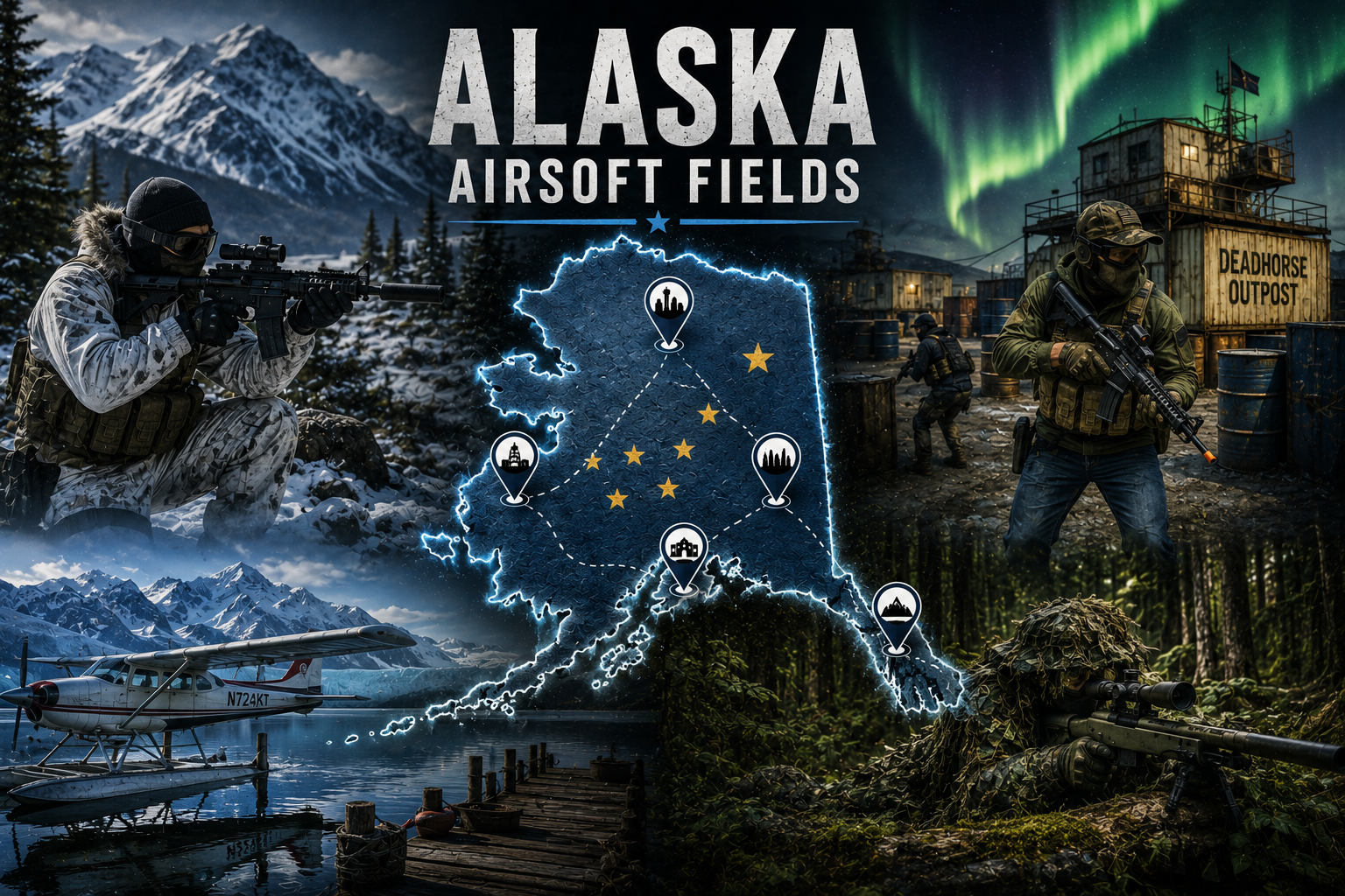 outdoor airsoft scene in Alaska with rugged terrain and woodland cover