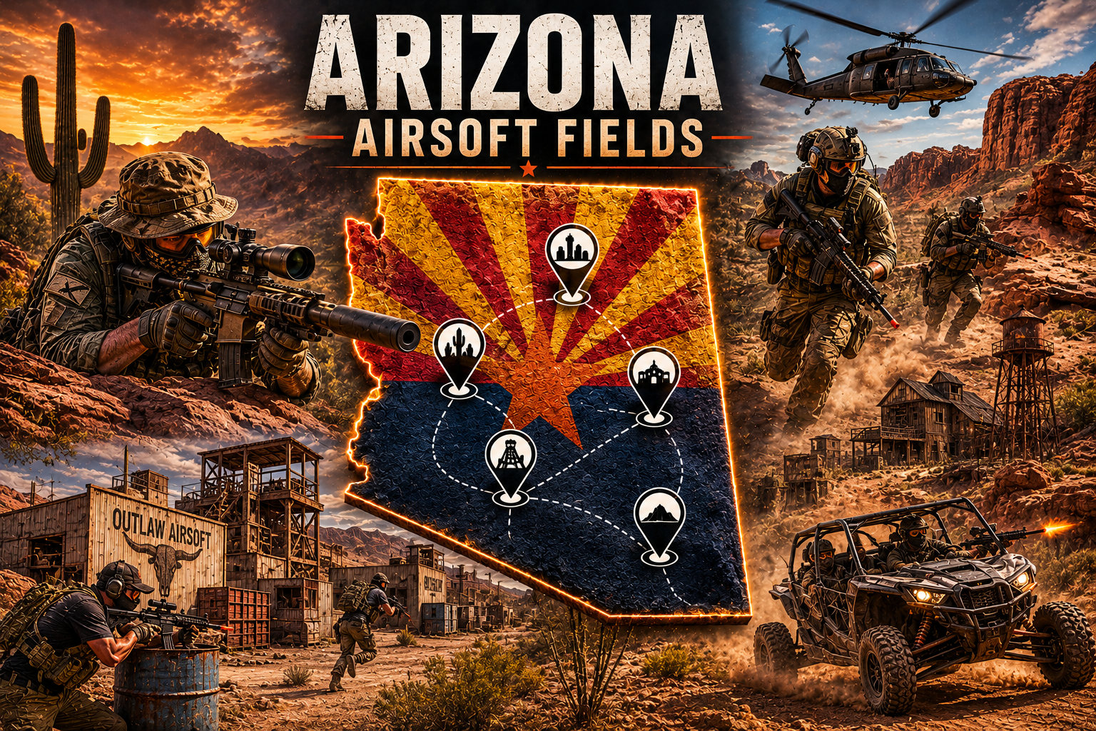 outdoor airsoft field in Arizona with tactical desert terrain