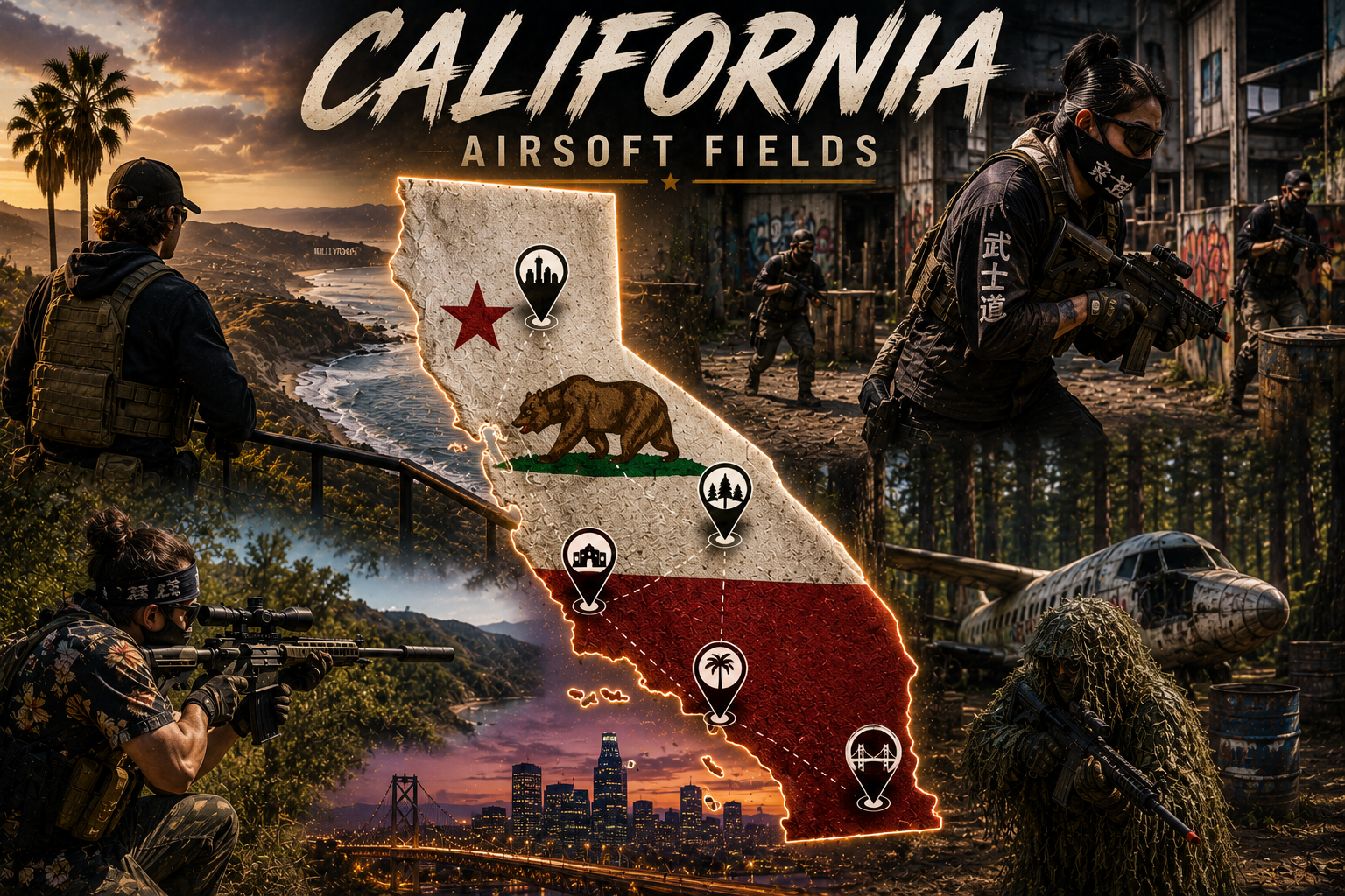 outdoor airsoft field in California with tactical structures and sunny weather