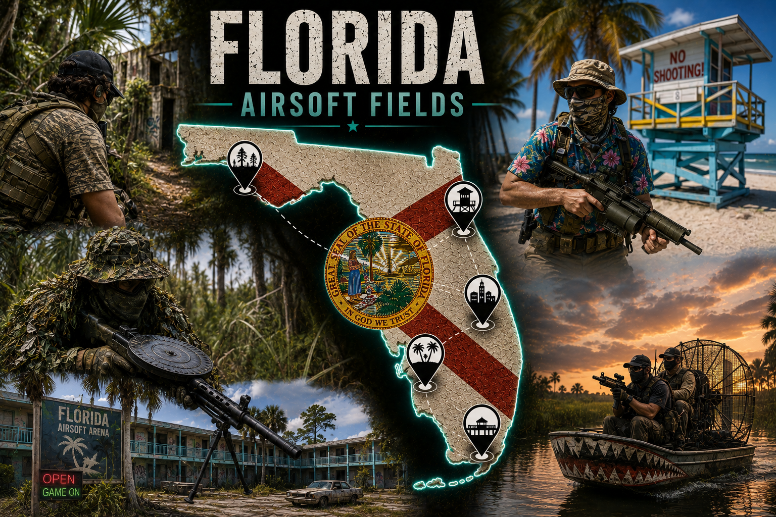 outdoor airsoft field in Florida with tropical woodland cover