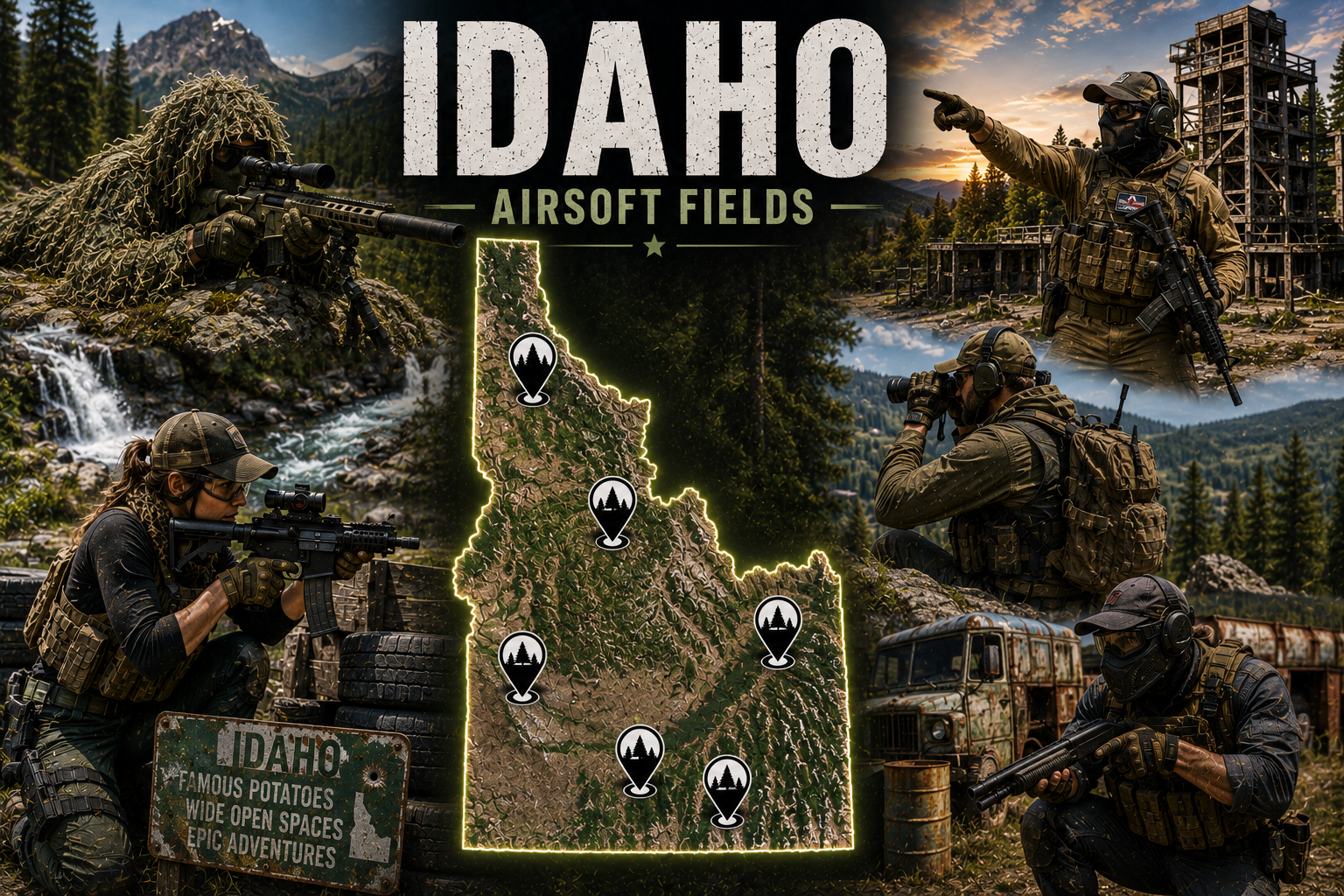 outdoor airsoft scene in Idaho with tactical barricades and players