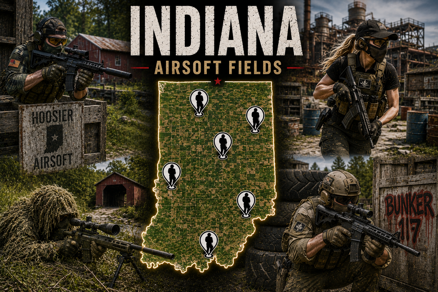 outdoor airsoft scene in Indiana with custom tactical barricades and players