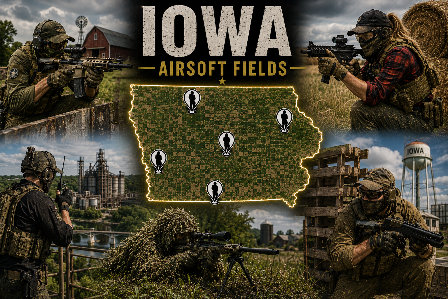 outdoor airsoft field in Iowa with tactical terrain and woodland cover