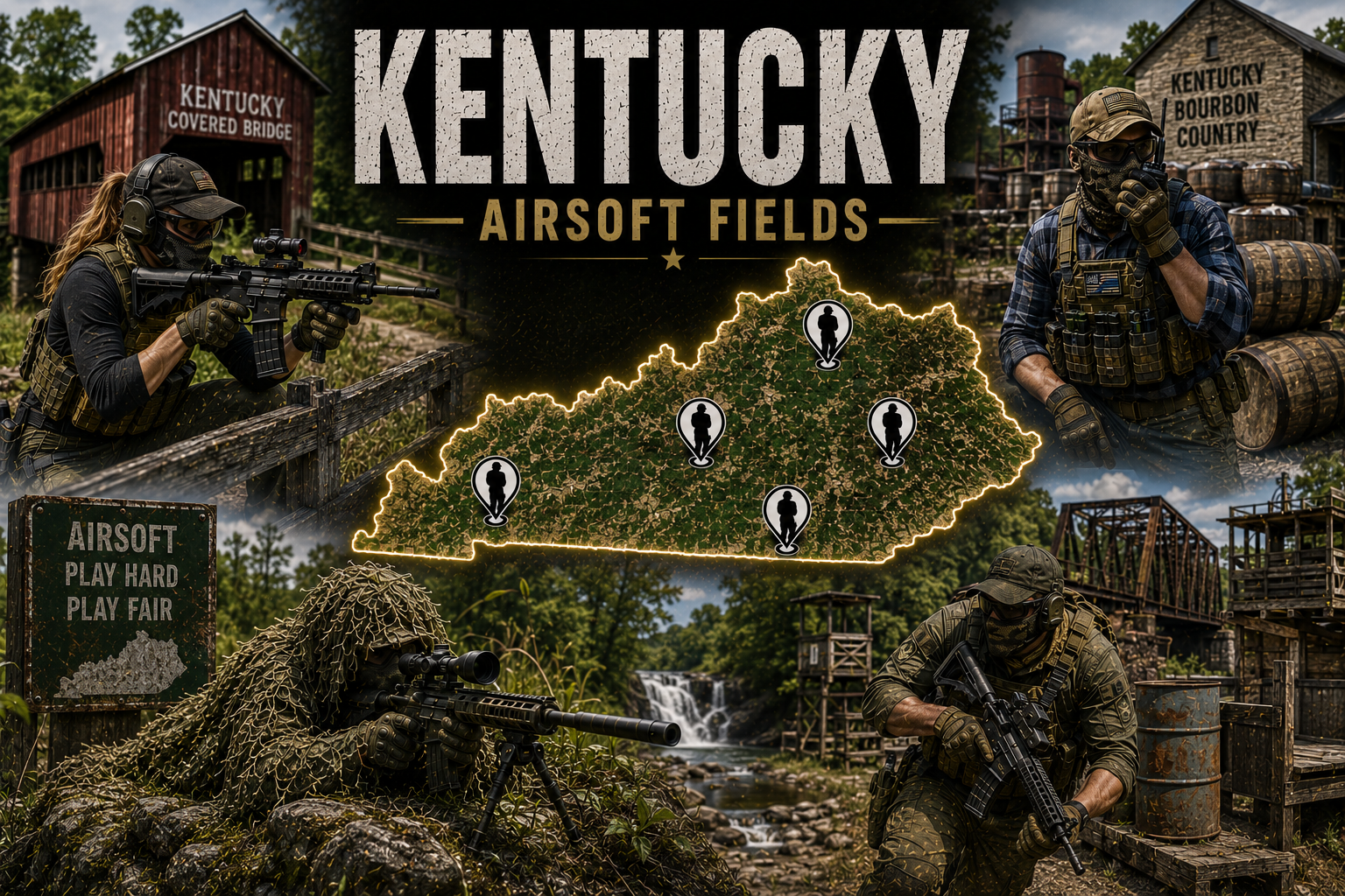 outdoor airsoft field in Kentucky with tactical woodland cover