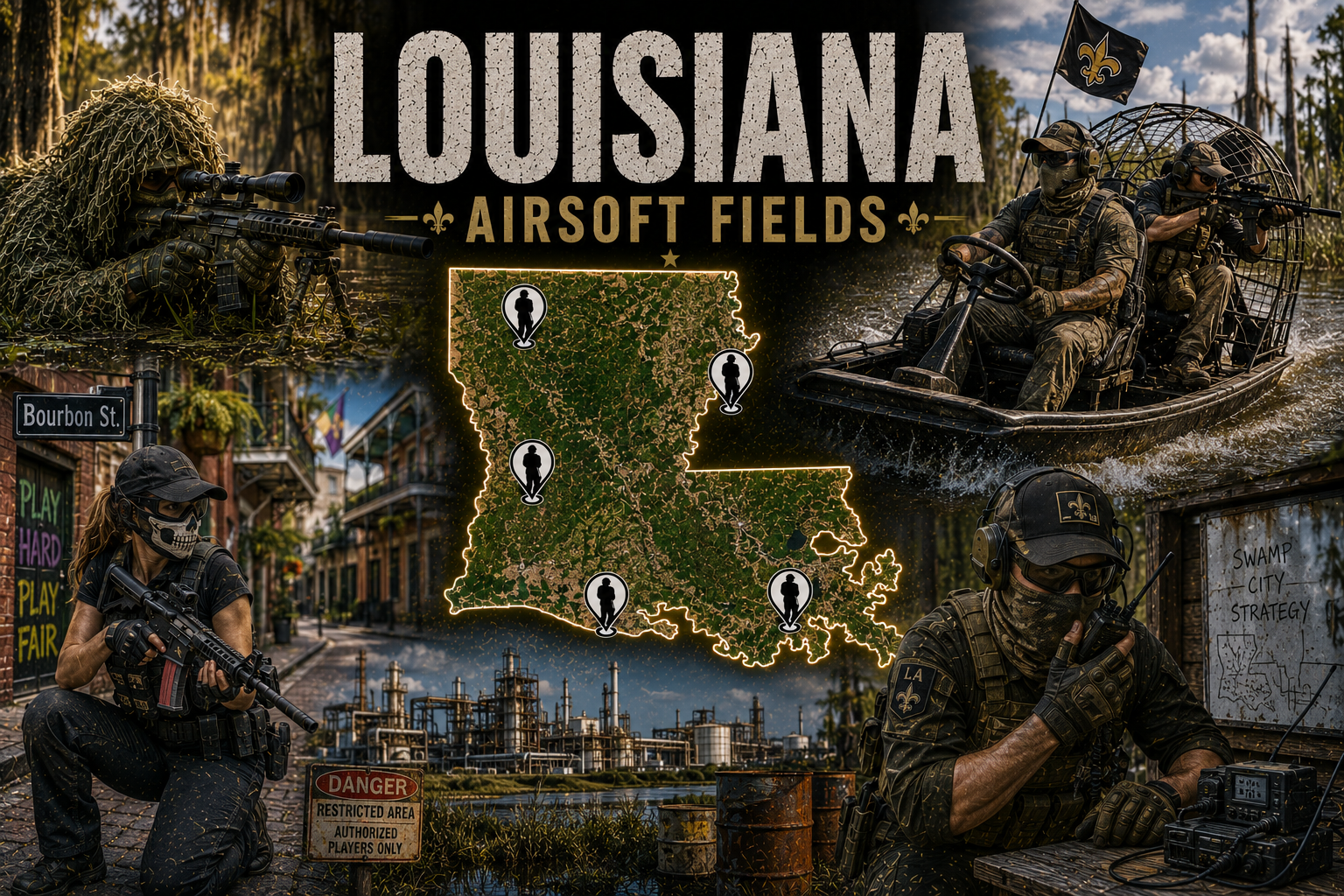 outdoor airsoft scene in Louisiana with swampy woodlands and tactical barriers