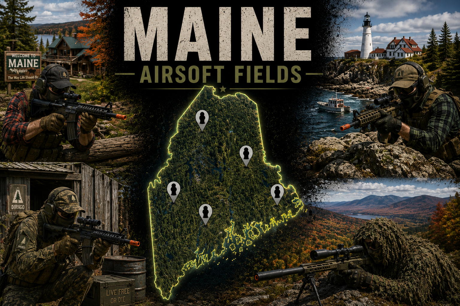 outdoor airsoft field in Maine with tactical terrain and woodland cover