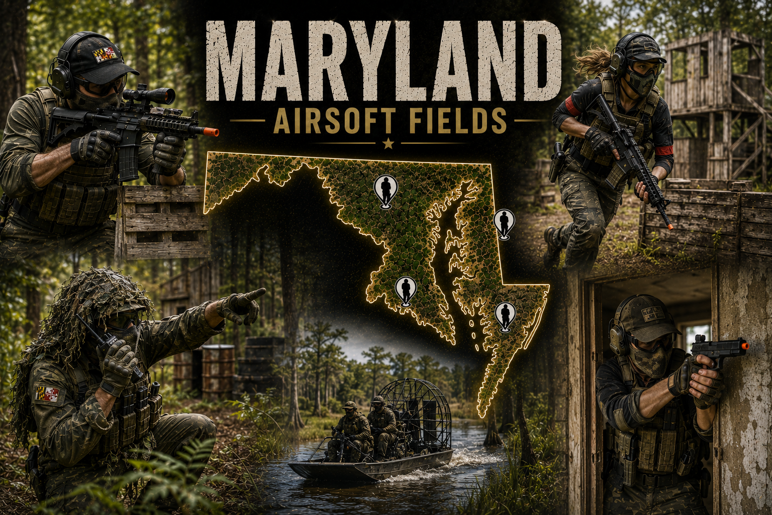 outdoor airsoft field in Maryland with tactical woodland cover
