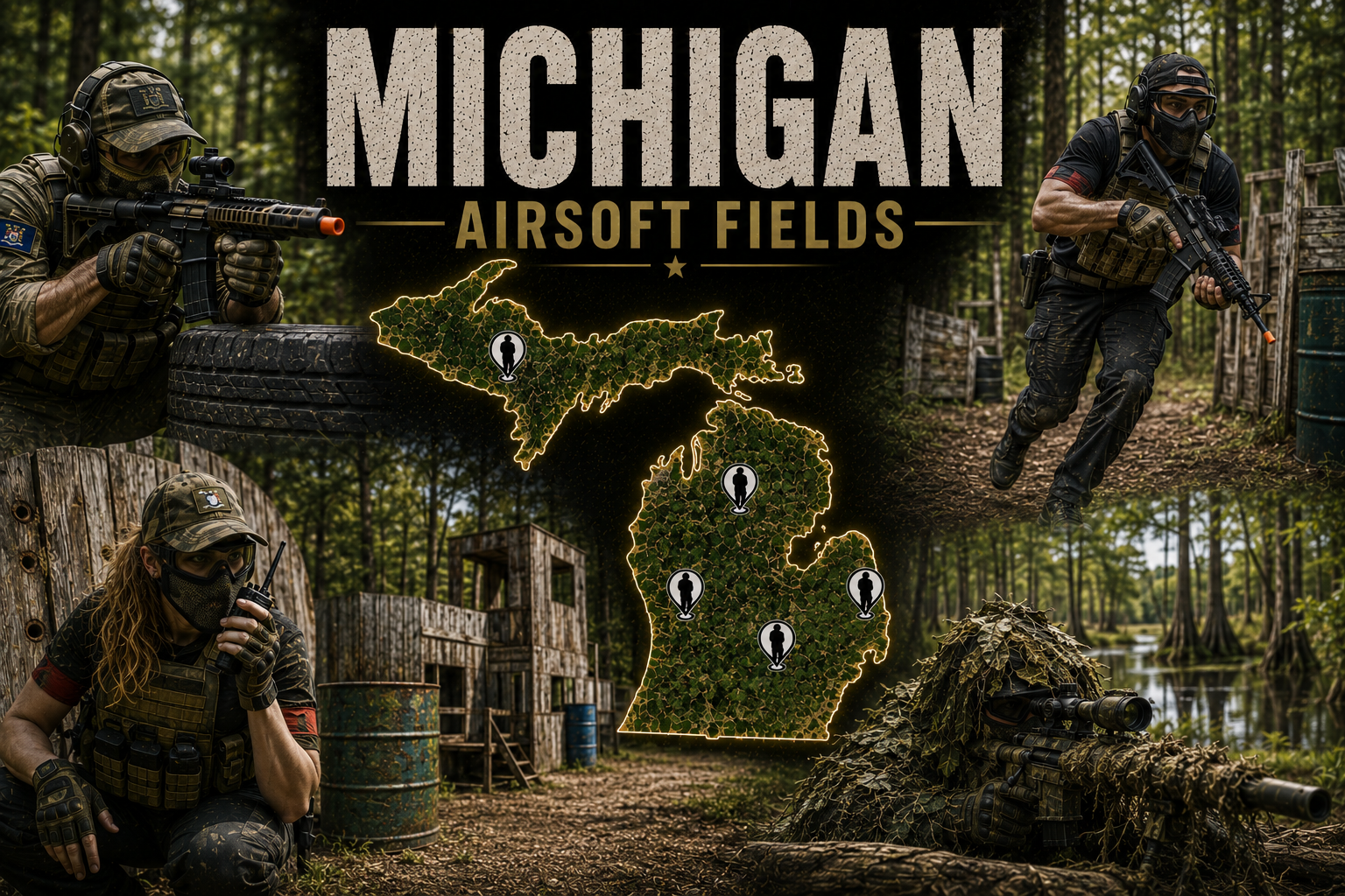 outdoor airsoft field in Michigan with tactical dense woodland cover