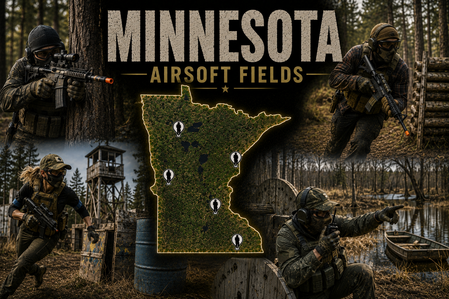 outdoor airsoft scene in Minnesota with dense woods and tactical bunkers