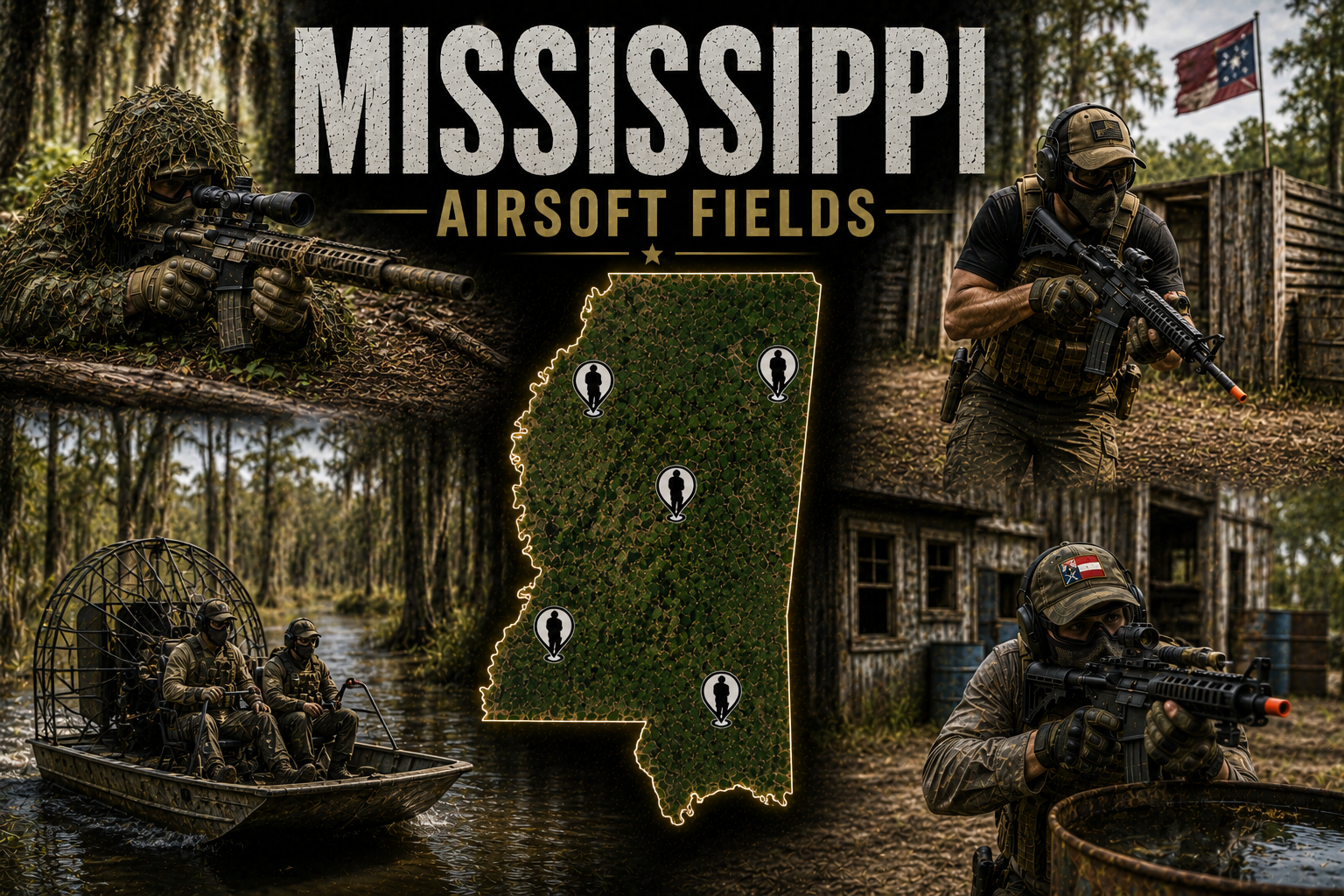 outdoor airsoft field in Mississippi with tactical terrain and woodland cover