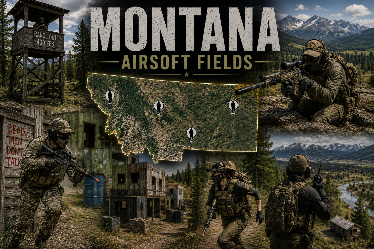 outdoor airsoft field in Montana with tactical terrain and woodland cover