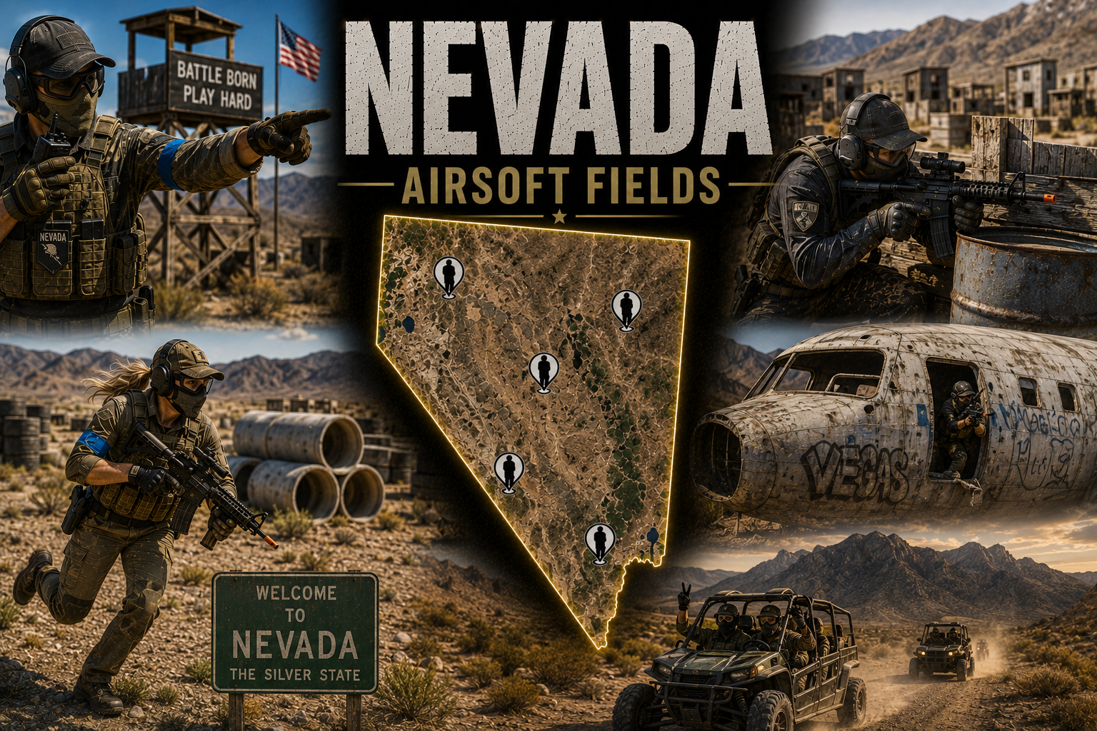 outdoor airsoft field in Nevada with tactical terrain and desert scrub