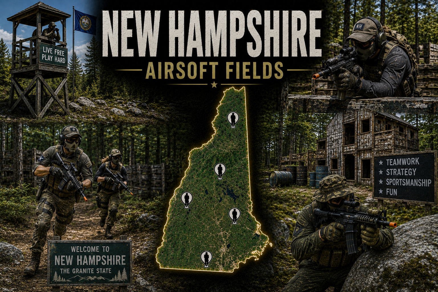 outdoor airsoft field in New Hampshire with tactical terrain and woodland cover