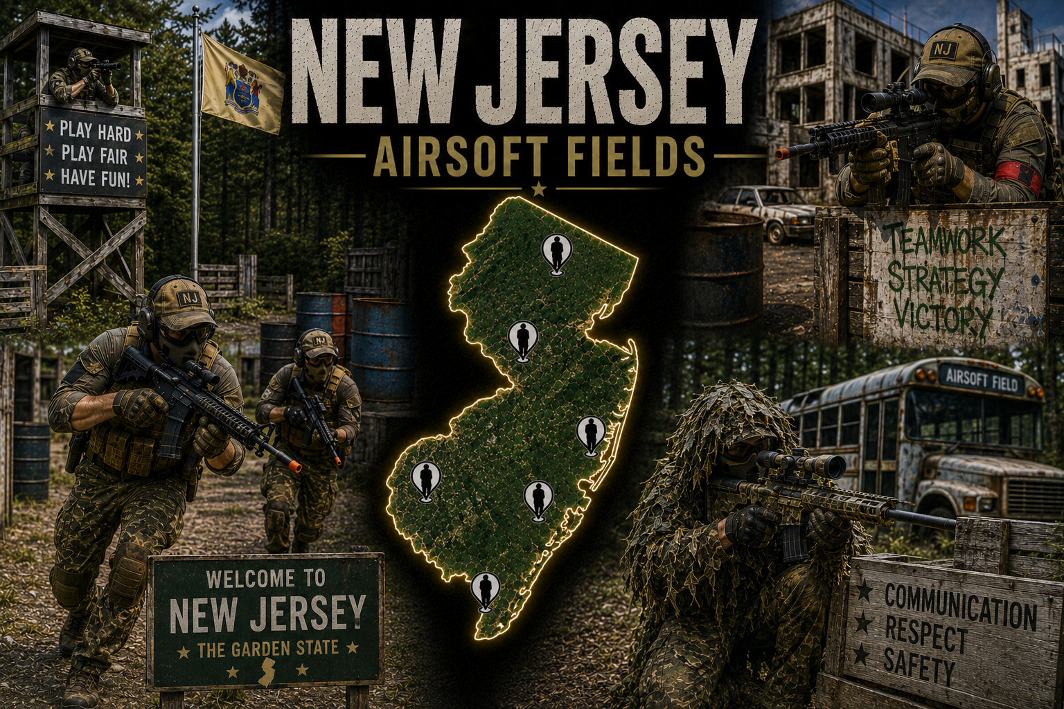 outdoor airsoft field scene in New Jersey with tactical terrain
