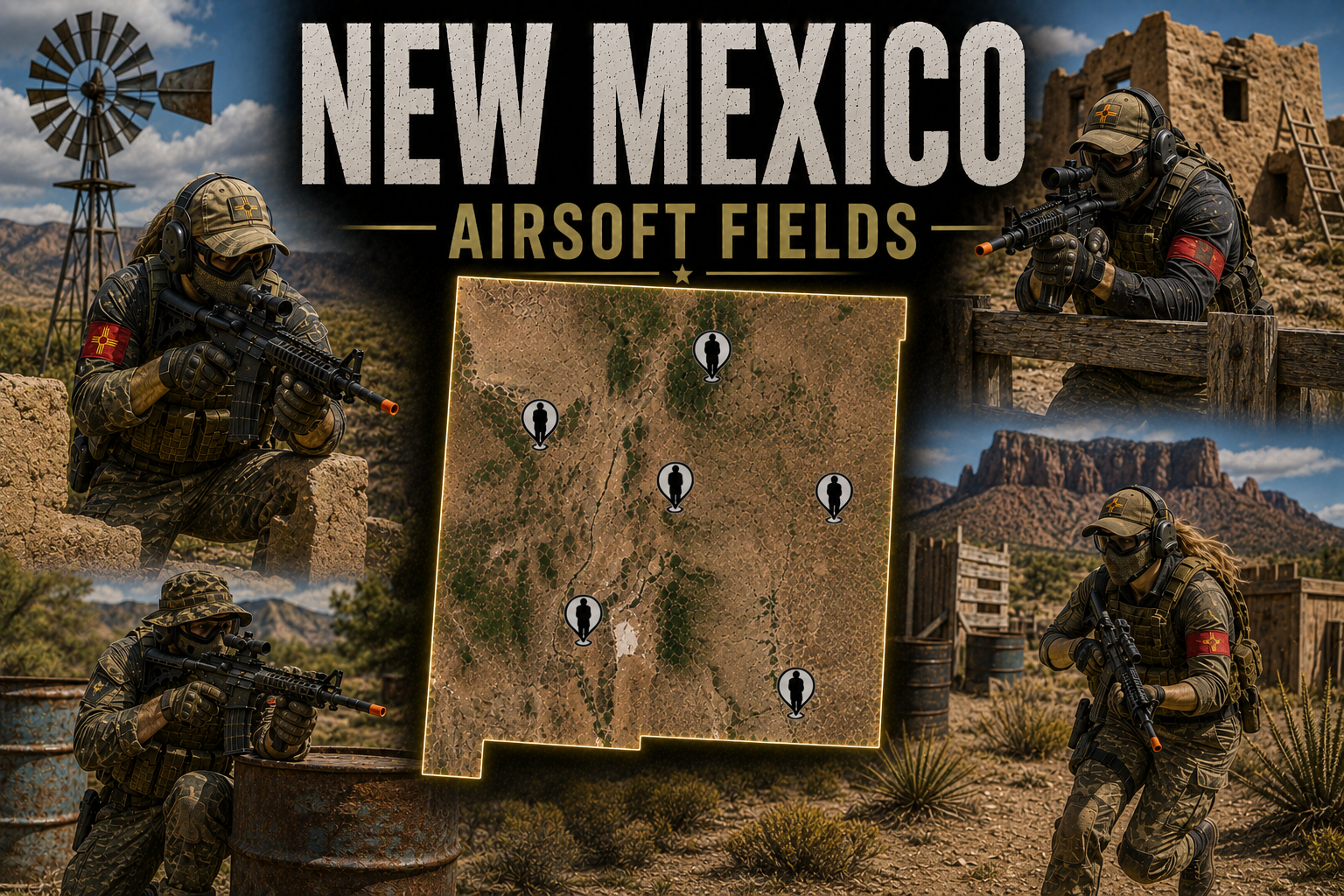 outdoor airsoft field in New Mexico with tactical terrain and desert cover