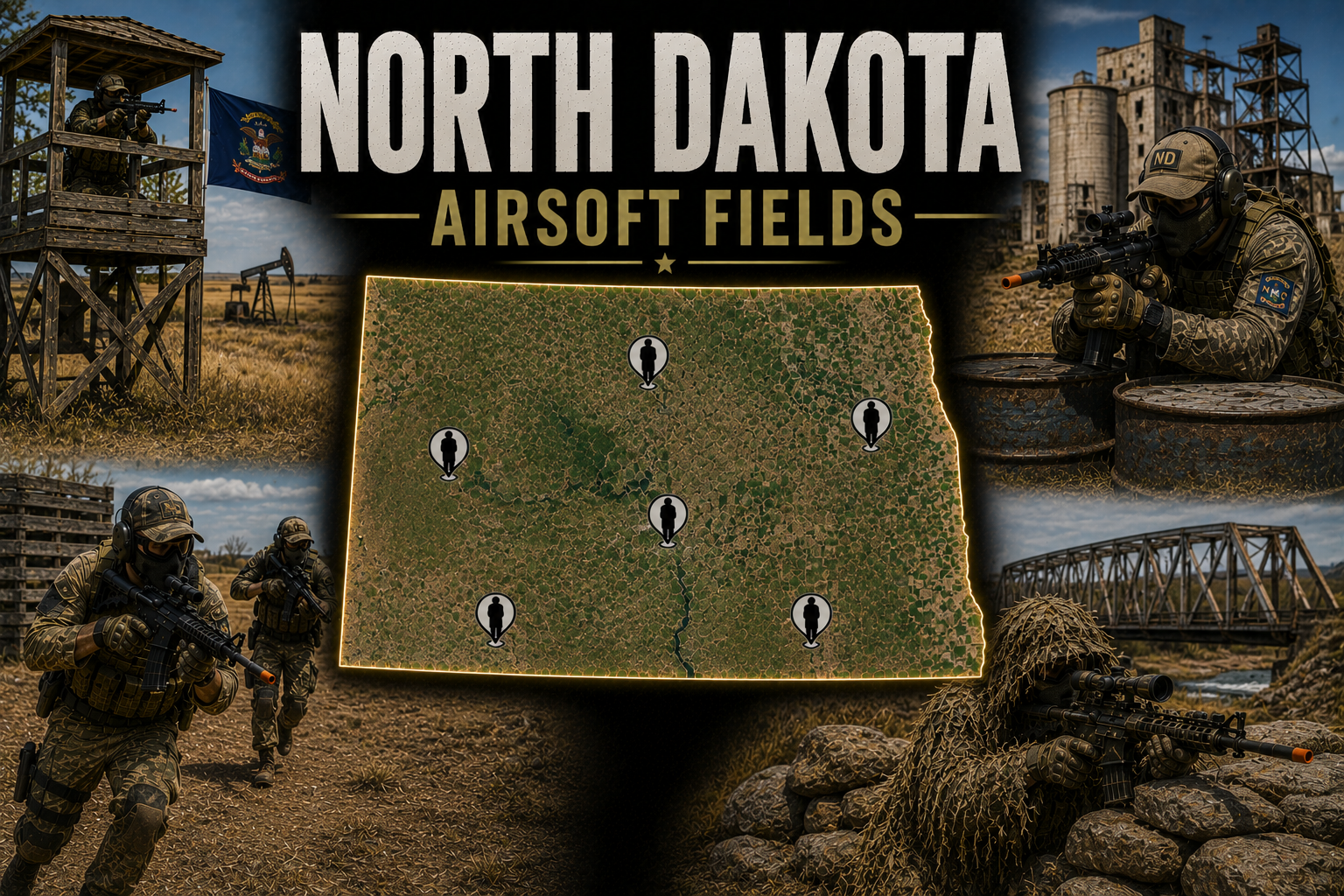outdoor airsoft scene in North Dakota with tactical terrain