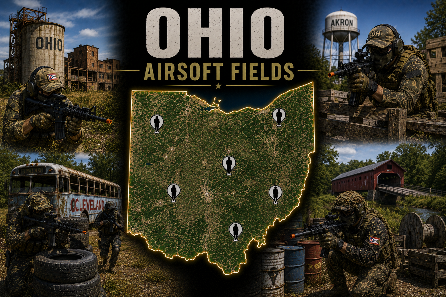 outdoor airsoft field in Ohio with tactical terrain and woodland cover