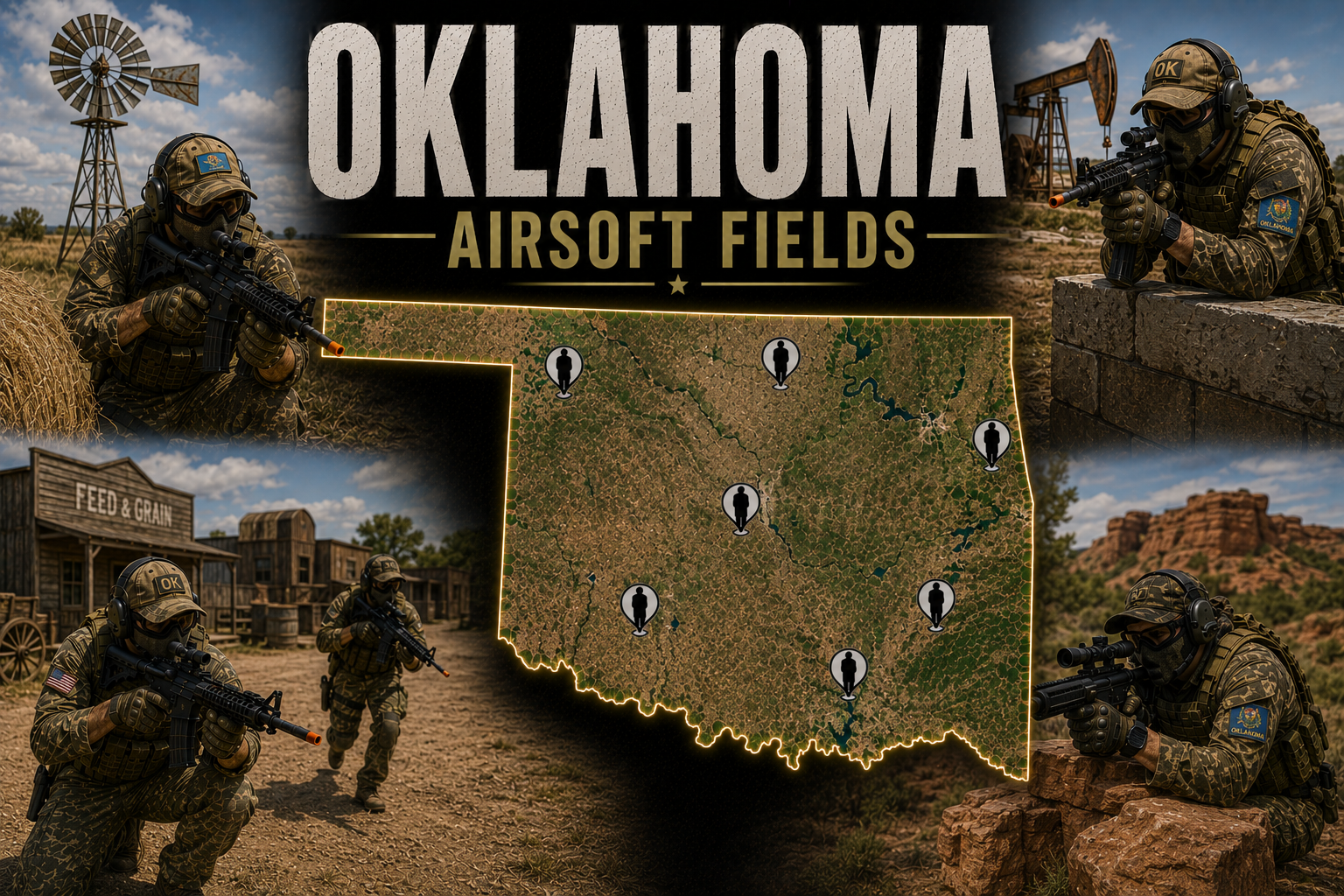 outdoor airsoft scene in Oklahoma with tactical terrain and players