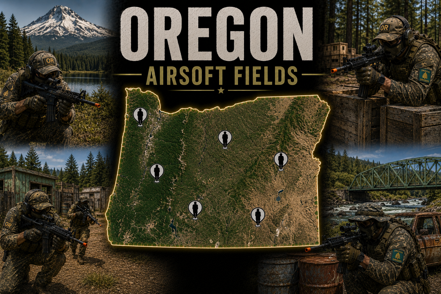 outdoor airsoft field in Oregon with tactical terrain and woodland cover