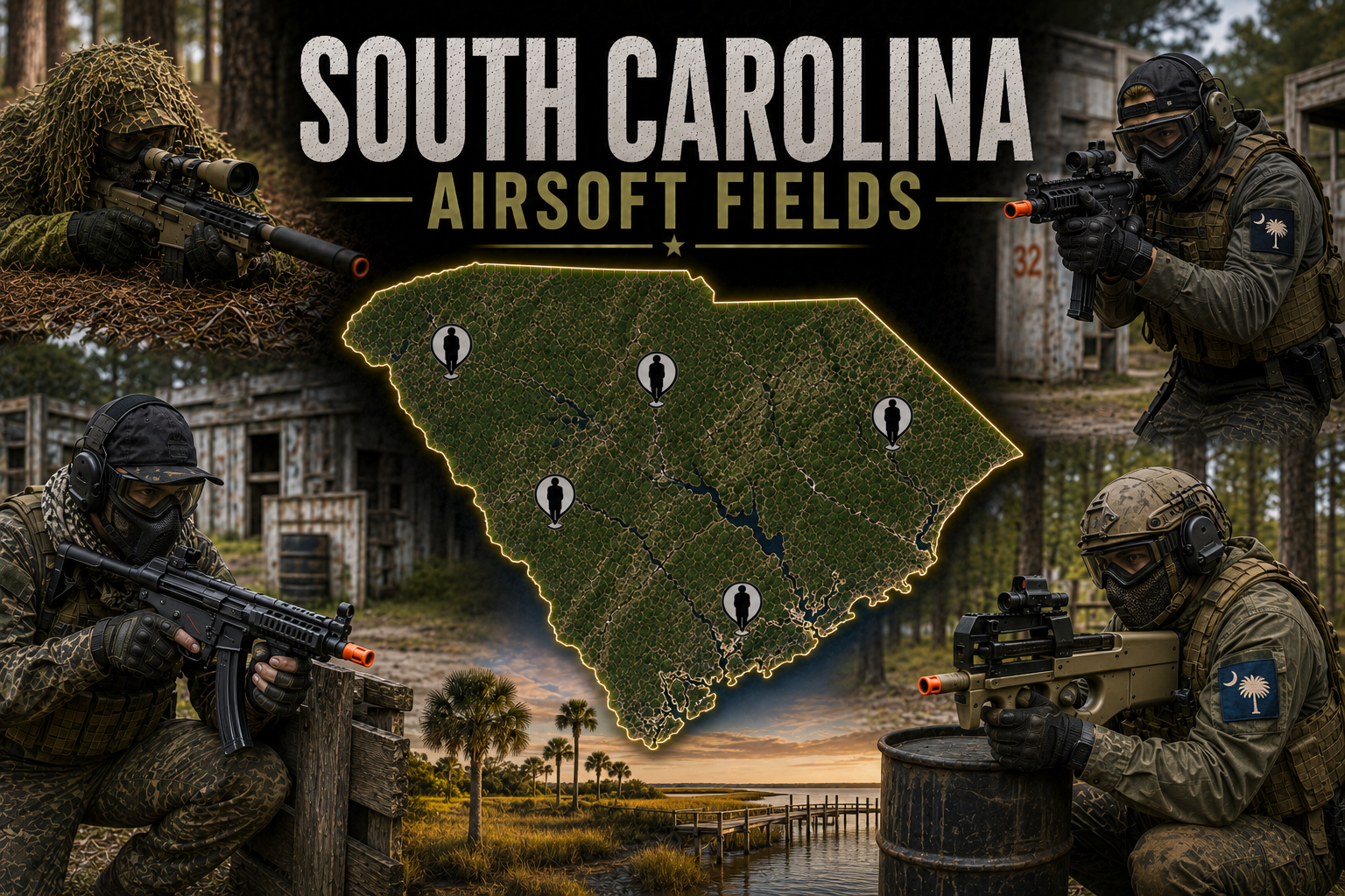 outdoor airsoft scene in South Carolina with custom tactical barricades and players