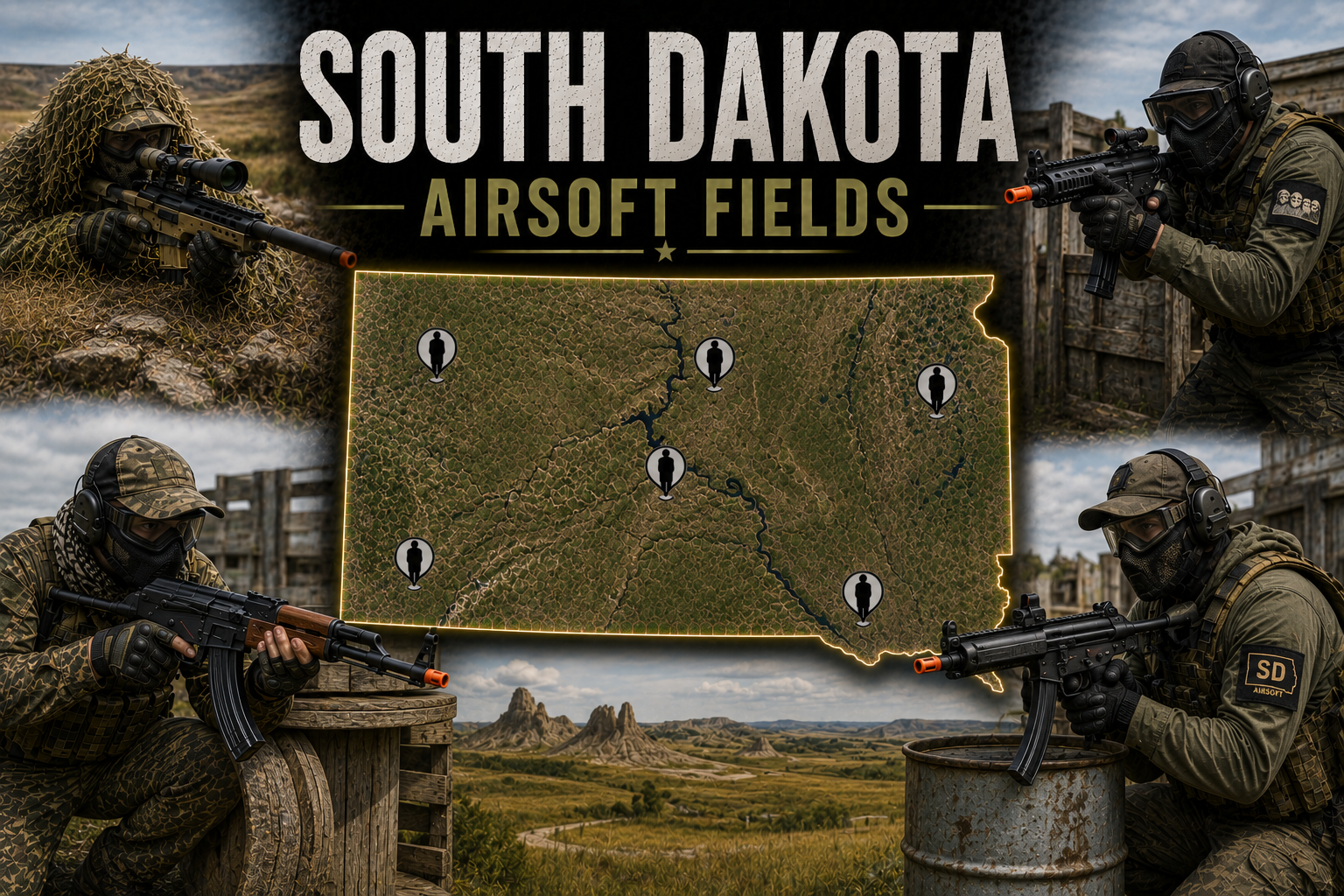 outdoor airsoft scene in South Dakota with tactical terrain