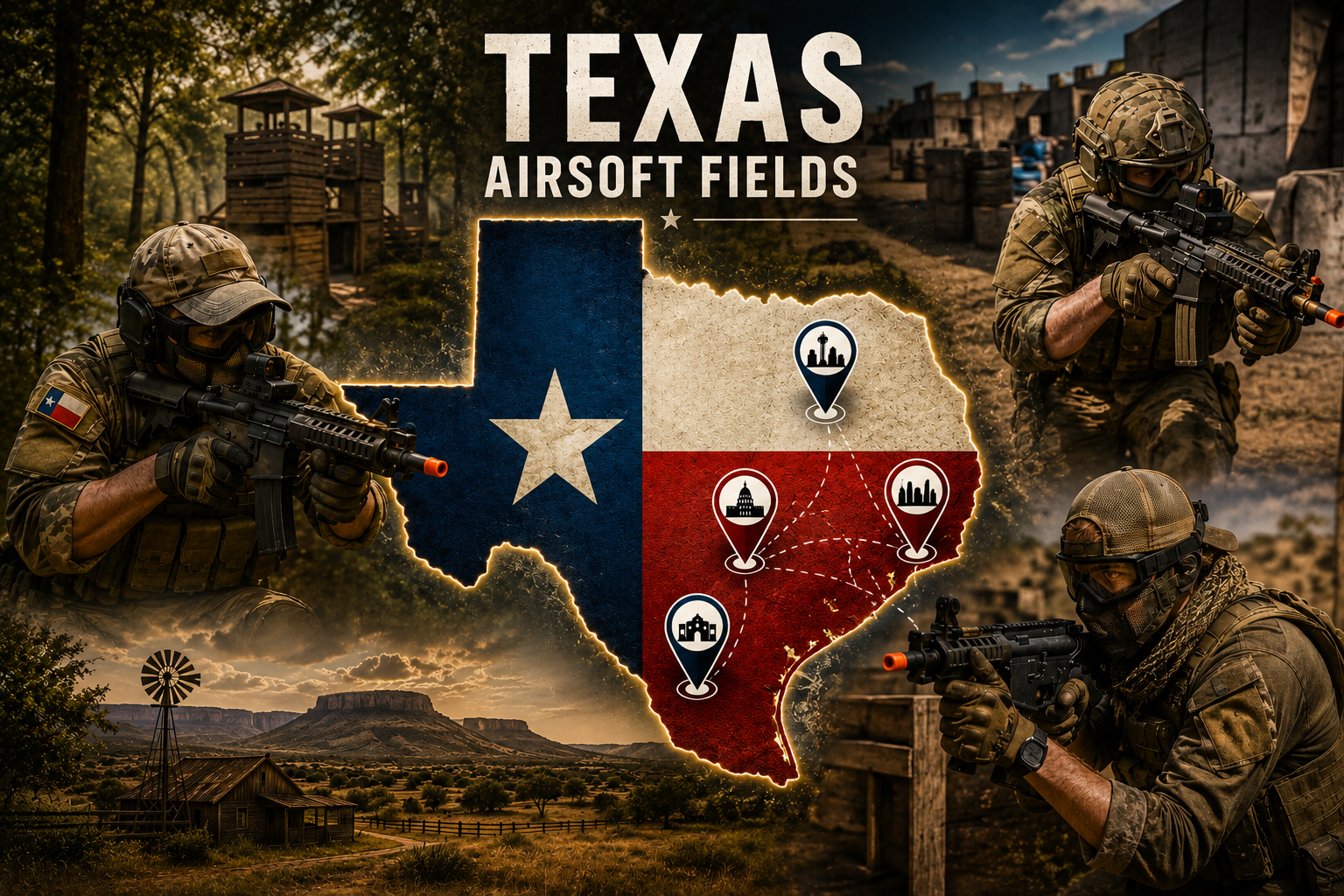 outdoor airsoft field in Texas with tactical terrain and woodland cover