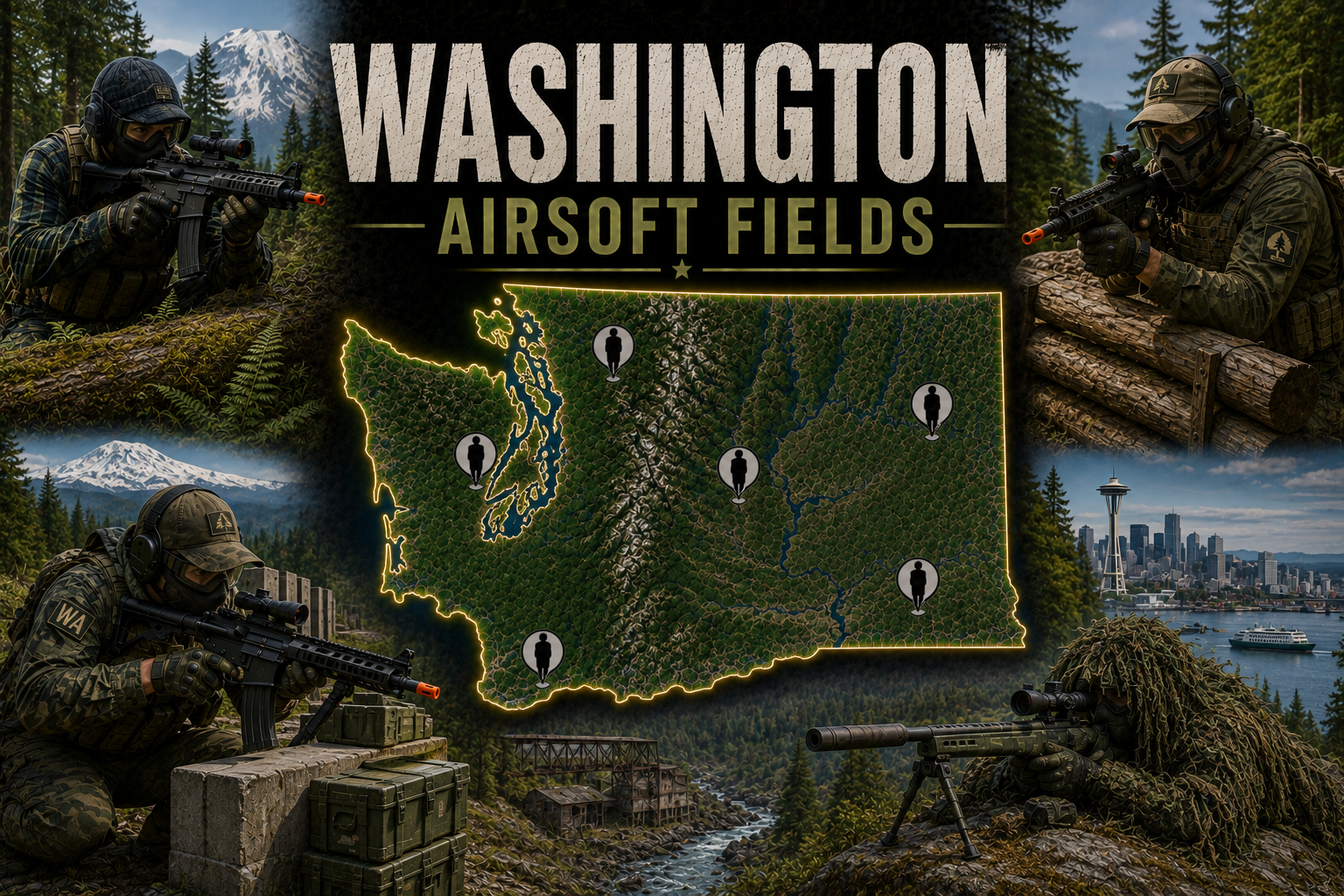outdoor airsoft field in Washington with tactical Pacific Northwest evergreen cover