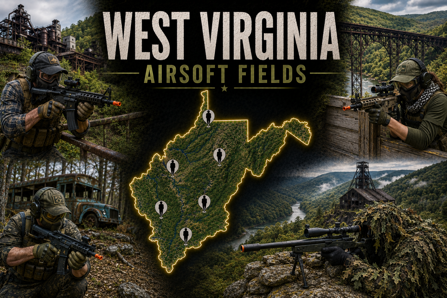 outdoor airsoft field in West Virginia with tactical terrain and woodland cover