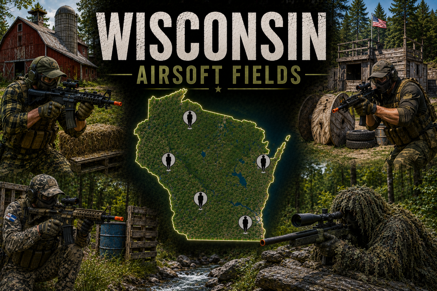 outdoor airsoft scene in Wisconsin with tactical terrain and players